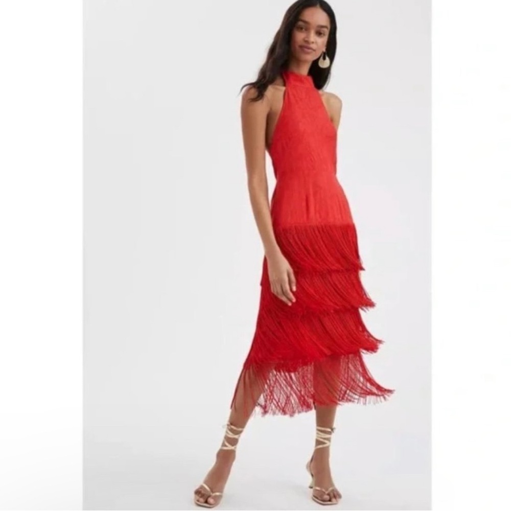Anthropologie Red Fringe Halter Dress